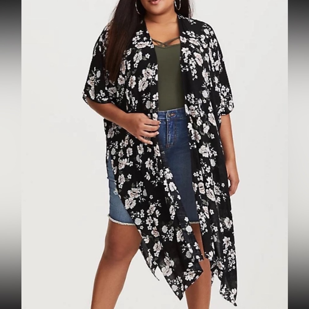 Torrid Black Floral Gauze Kimono 1/2